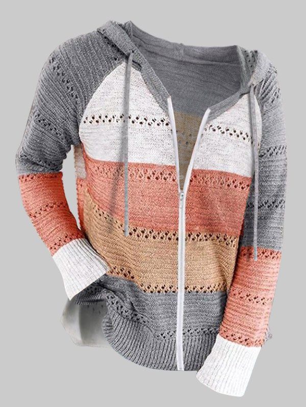 

Plus Size Raglan Sleeve Colorblock Hooded Zip Up Cardigan, Gray