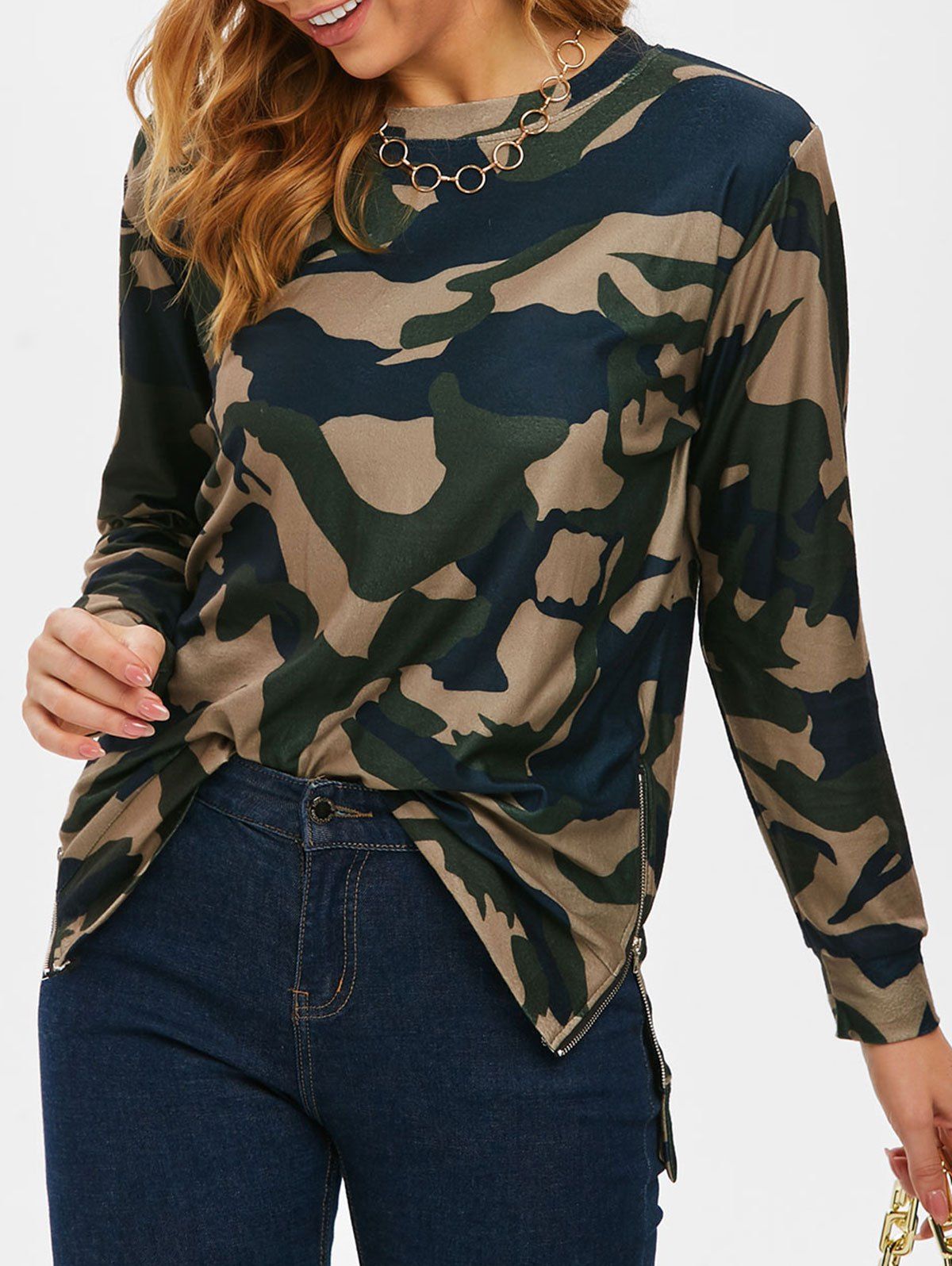Trendy Fleece Camouflage Side Zipper Tunic Sweatshirt  