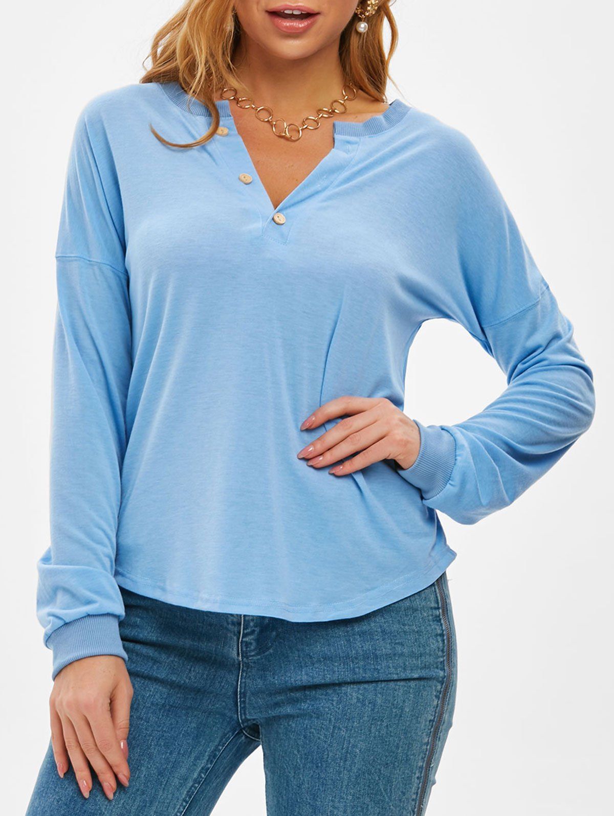 Sweat-shirt Demi-Boutonné à Goutte Epaule Bleu clair M