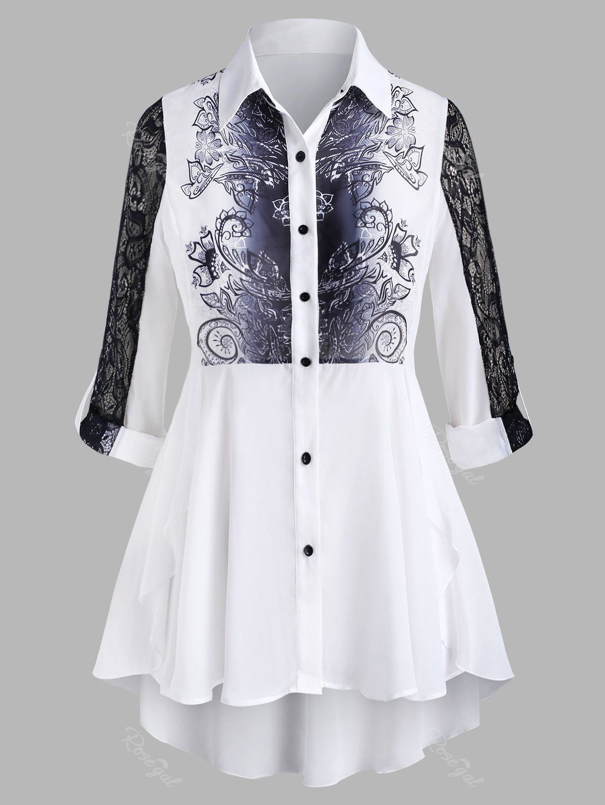 

High Low Lace Panel Printed Plus Size Chiffon Shirt, White