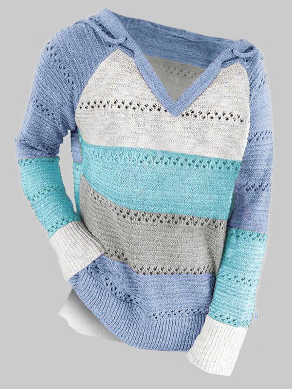 

Plus Size Colorblock Raglan Sleeve Hooded Slit Sweater, Light blue