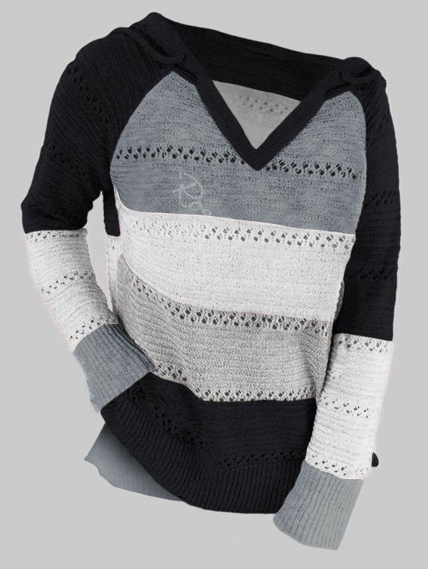 

Plus Size Colorblock Raglan Sleeve Hooded Slit Sweater, Black