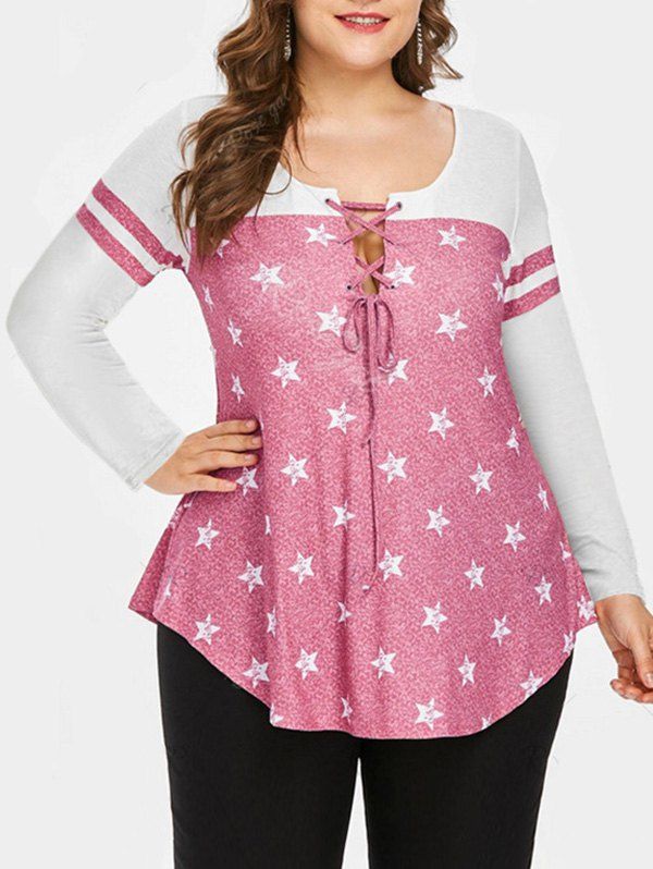 Affordable Plus Size Stars Print Lace Up Curved Tee  