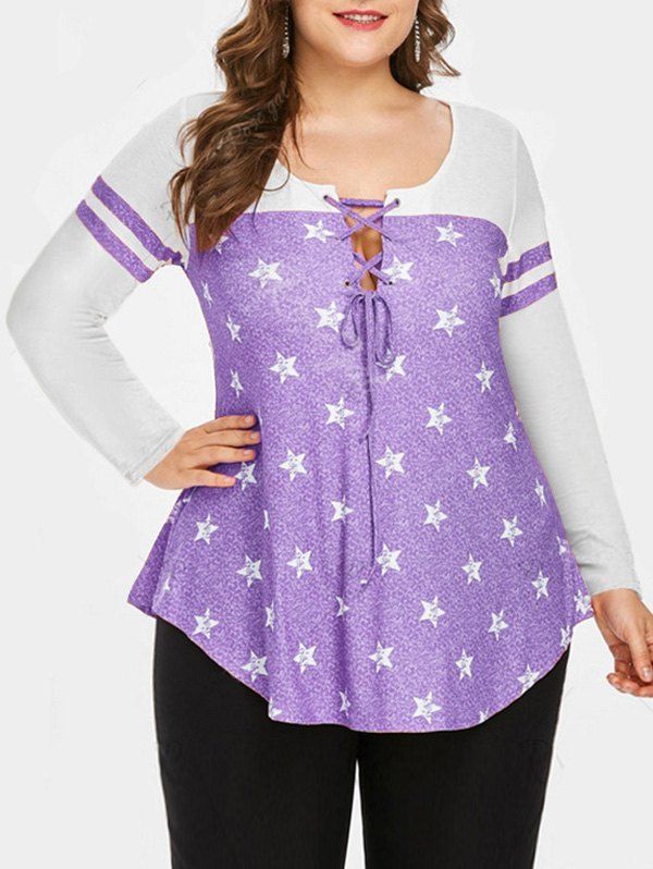 Best Plus Size Stars Print Lace Up Curved Tee  
