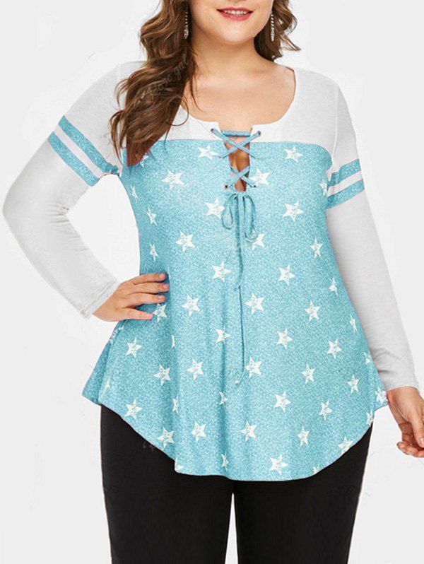 Shop Plus Size Stars Print Lace Up Curved Tee  