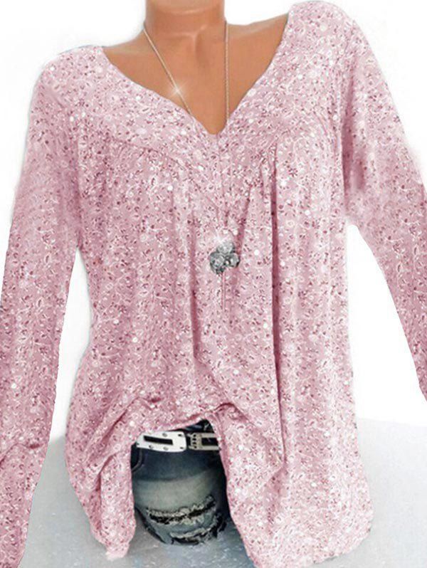

Plus Size Tiny Floral Print V Neck T Shirt, Light pink
