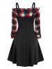 Off The Shoulder Plaid Blouse and Lace Up Dress Twinset -  