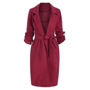 

Side Slit Roll Sleeve Belted Trench Coat, Red