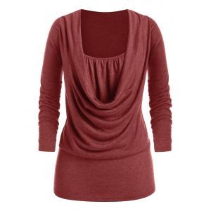 

Plus Size Draped Cowl Front Ruched Long Sleeve Tee, Deep red