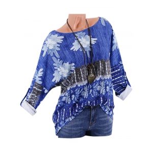 

Plus Size Printed Drop Shoulder Roll Up Sleeve T Shirt, Blue