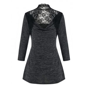 

Plus Size Lace Panel See Thru Space Dye Draped Tunic Tee, Dark gray