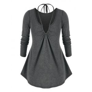 

Plus Size Notched Drawstring Halter T Shirt, Ash gray
