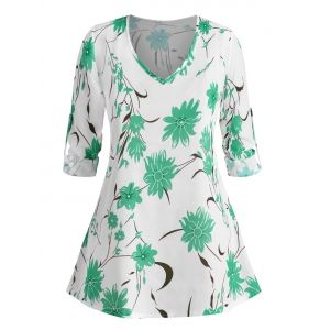 

Plus Size Floral Print Roll Up Sleeve Blouse, Green