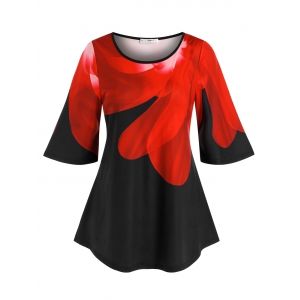

Plus Size Flower Petal Print Bell Sleeve Tunic Tee, Black