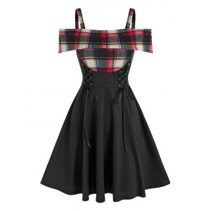 

Cold Shoulder Plaid Lace Up Dress, Black