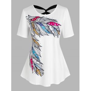 

Plus Size Feather Print Twist Criss Cross Tunic T-shirt, White