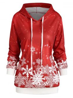 Plus Size Christmas Snowflake Print Hoodie - RED - 3X