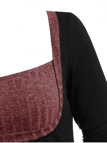 

Square Collar Rib-knit Panel Asymmetrical Long Sleeve Top, Light pink
