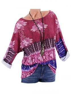 Plus Size Printed Drop Shoulder Roll Up Sleeve T Shirt - DEEP RED - 4XL