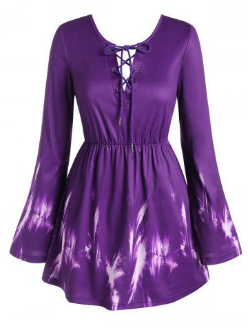 Plus Size Lace Up Bowknot Bell Sleeve Blouse - PURPLE - 5X
