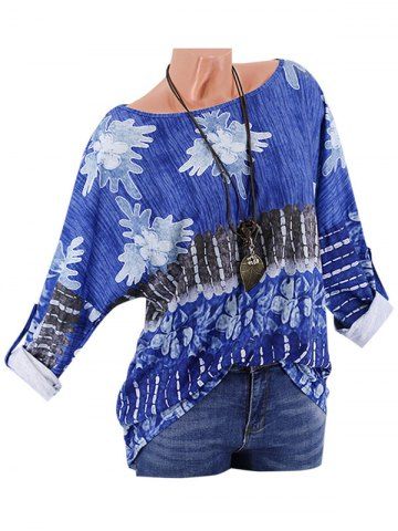 Plus Size Printed Drop Shoulder Roll Up Sleeve T Shirt - BLUE - 4XL