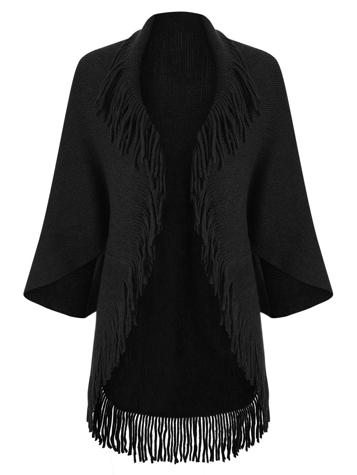 

Fringed Trim Open Front Cardigan, Black