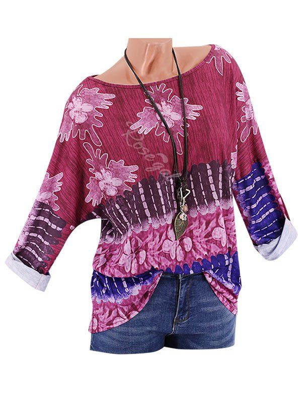 

Plus Size Printed Drop Shoulder Roll Up Sleeve T Shirt, Deep red