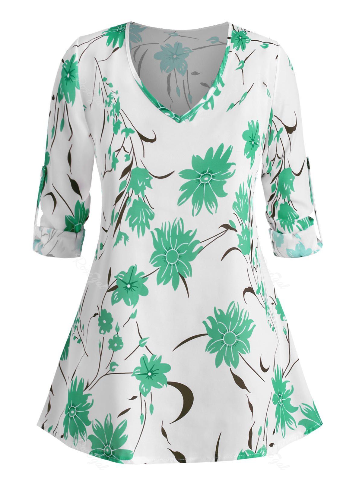 

Plus Size Floral Print Roll Up Sleeve Blouse, Green