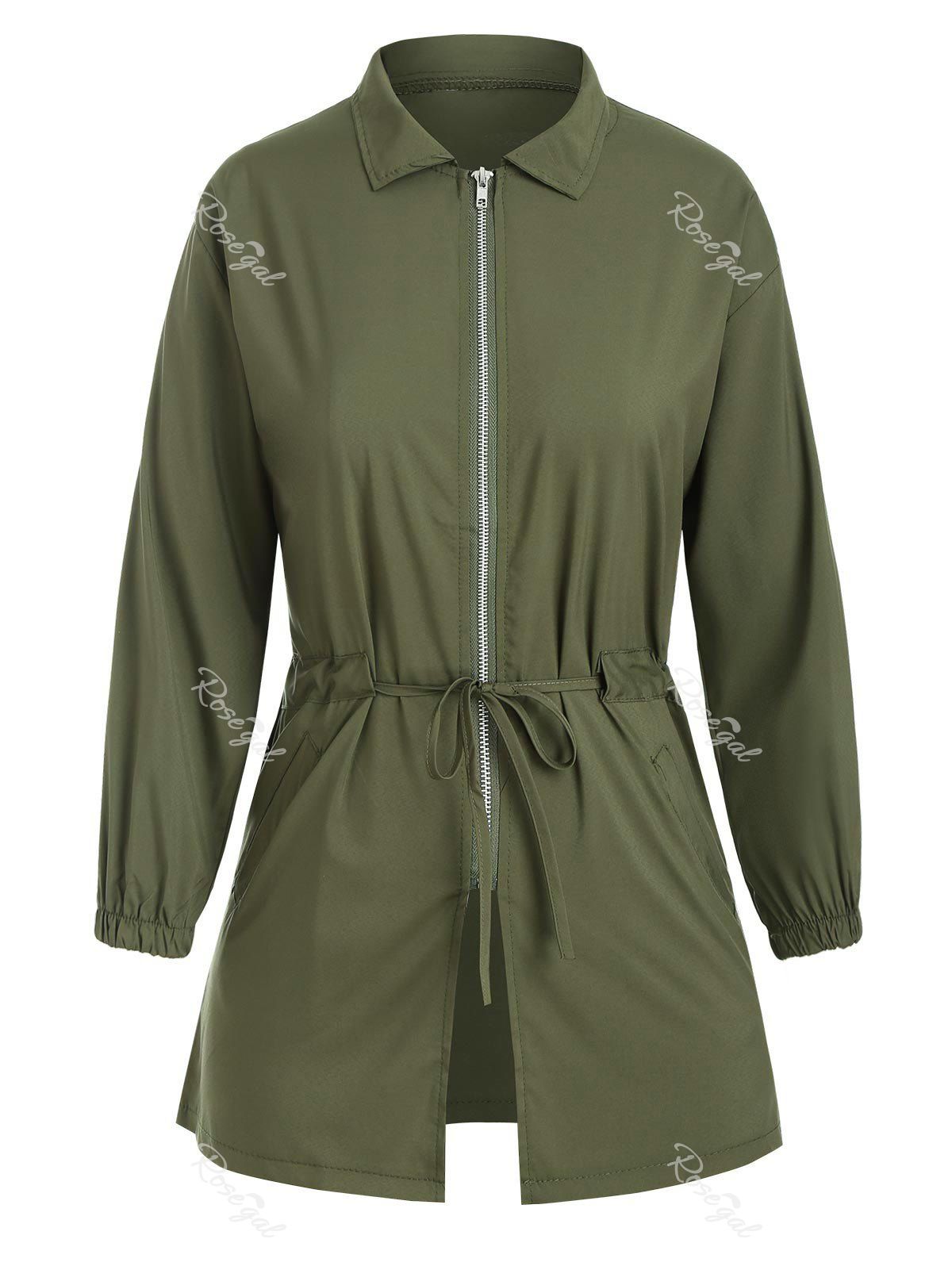 

Zip Front Waist Drawstring Letter Print Coat, Deep green