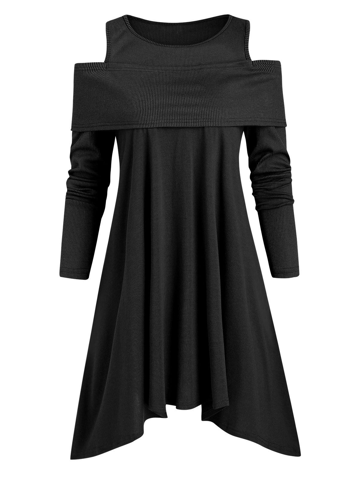 

Ribbed Panel Jersey Cold Shoulder Asymmetrical Top, Black