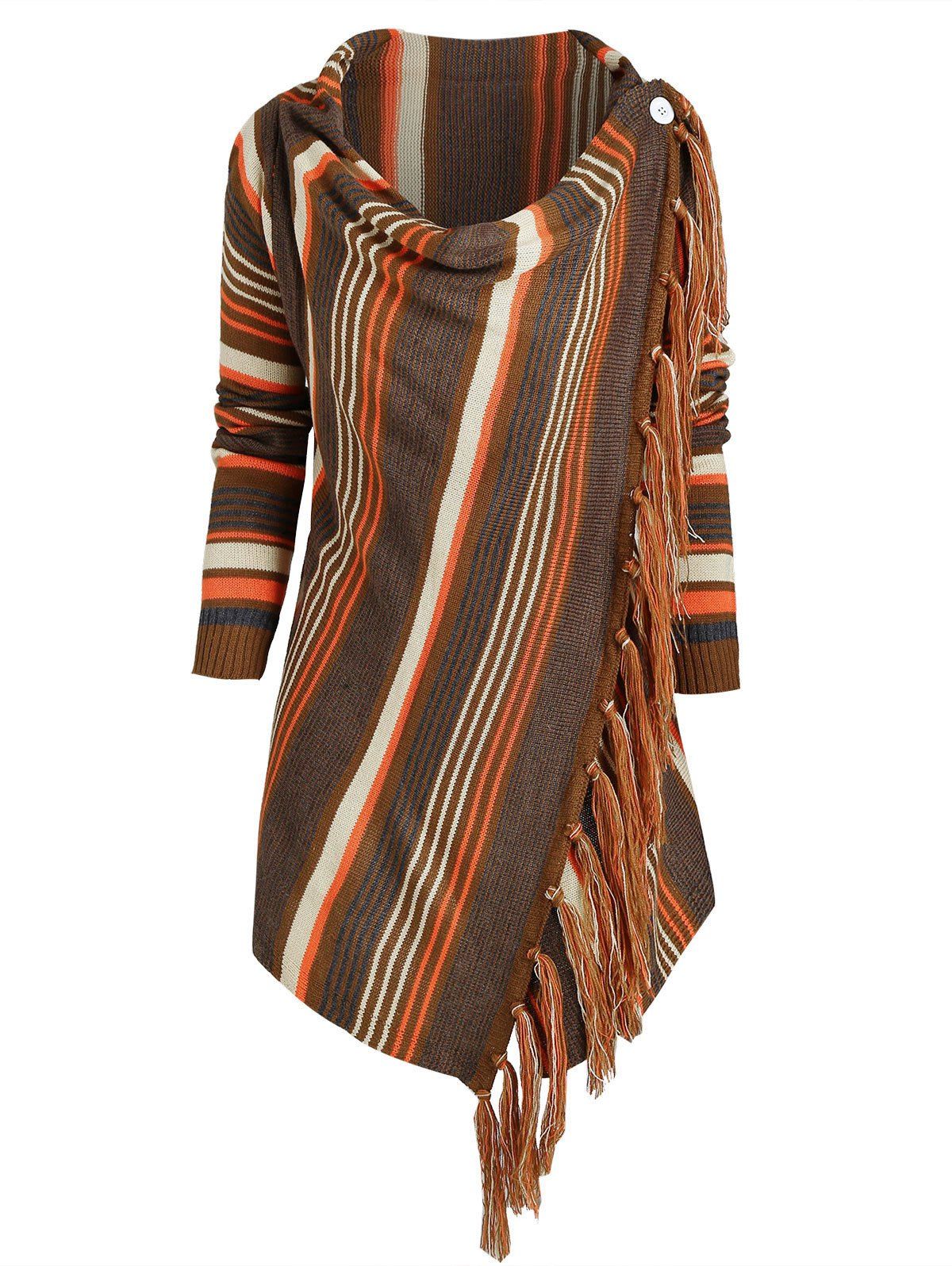 

Cowl Neck Striped Fringed Hem Convertible Sweater, Deep coffee