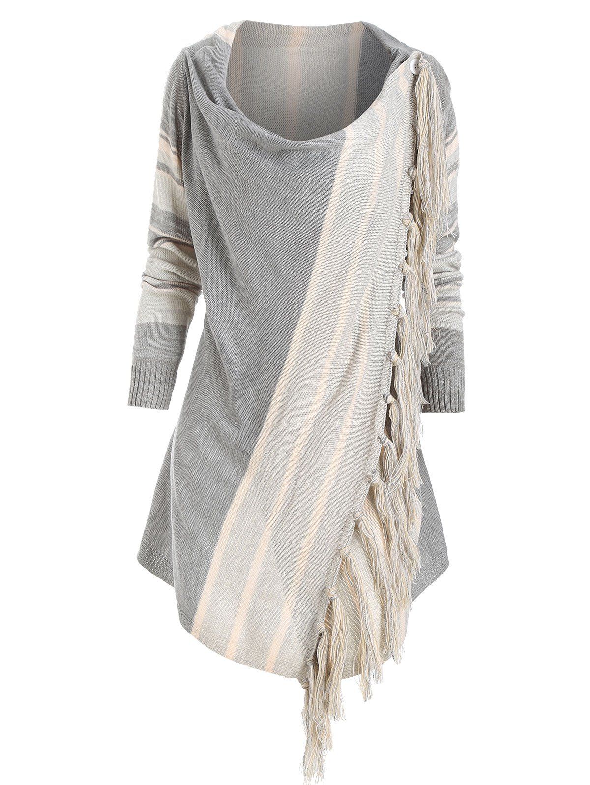 

Cowl Neck Striped Fringed Hem Convertible Sweater, Gray