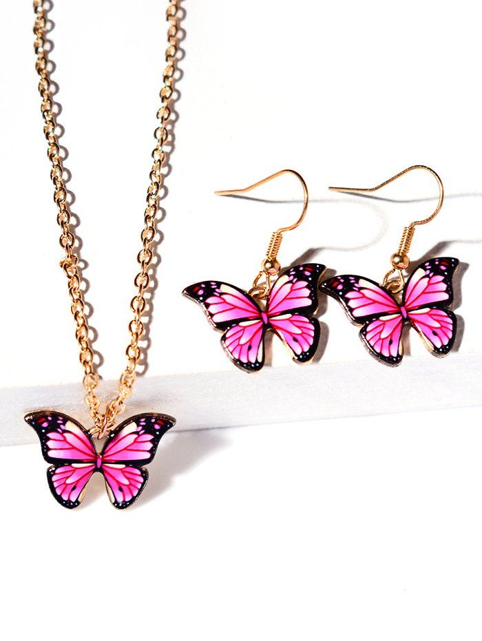 

Pendant Butterfly Necklace Earrings Set, Light pink