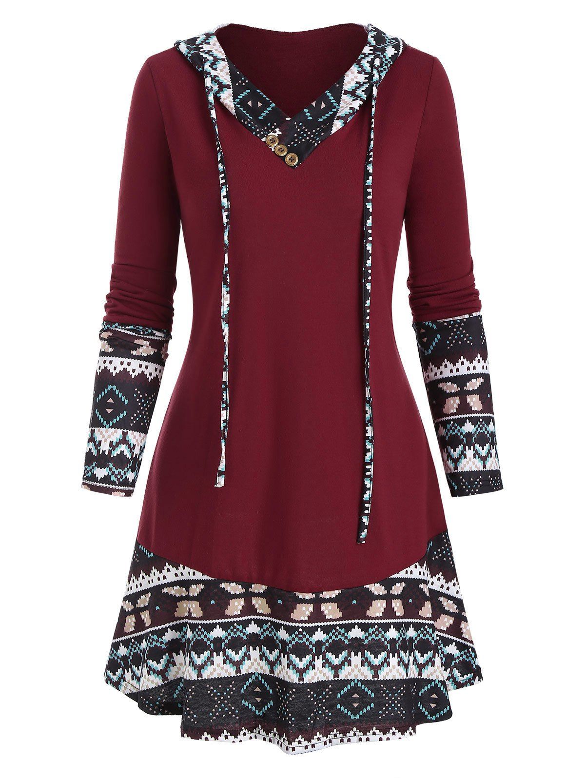 

Hooded Ethnic Geo Pattern Panel Long Sleeve Top, Deep red