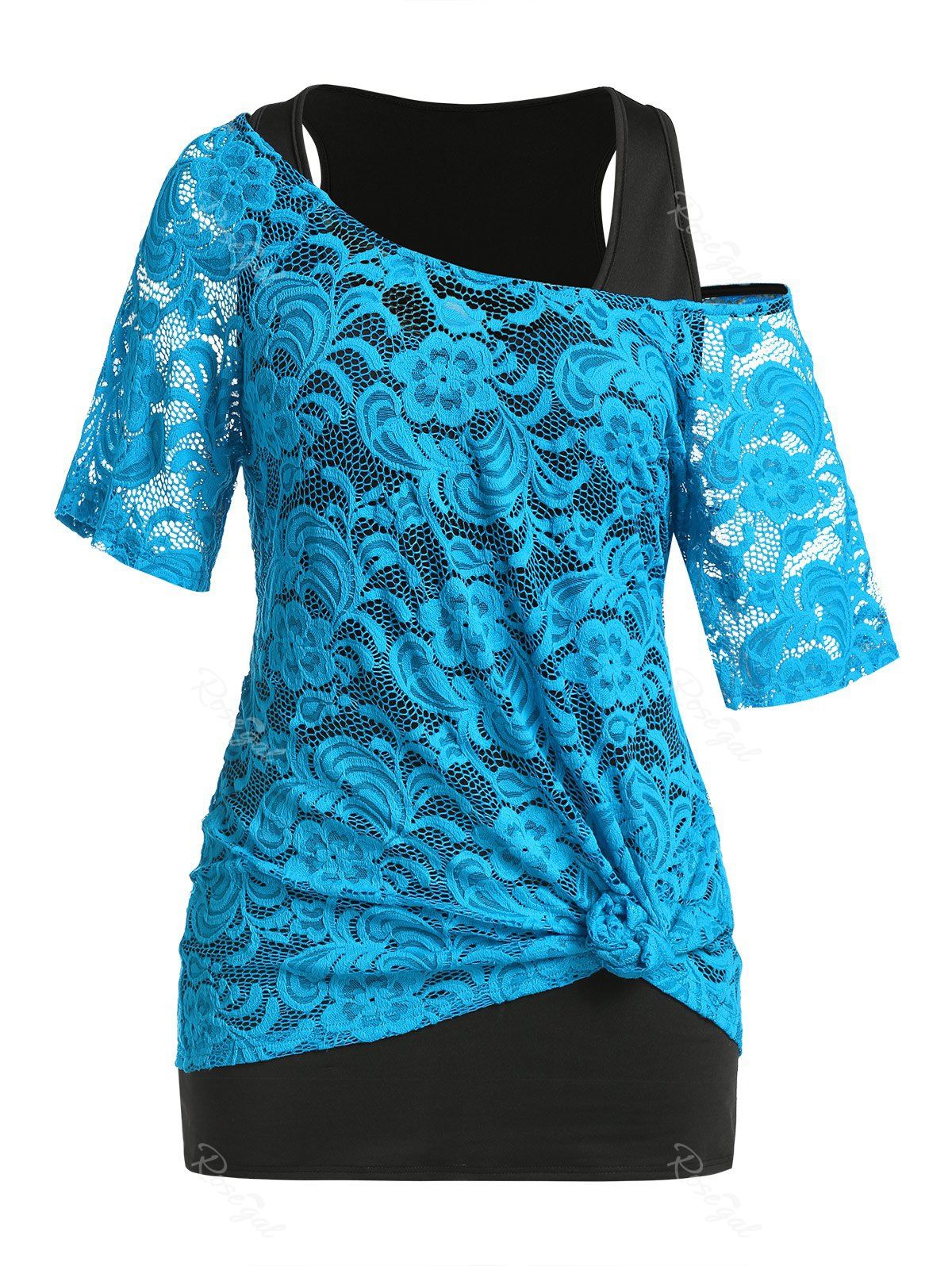 

Plus Size Lace See Thru T-shirt and Tunic Tank Top Set, Multi a