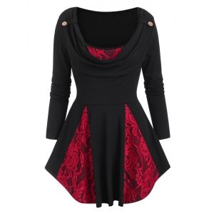 

Cowl Neck Lace Panel Long Sleeve Top, Black