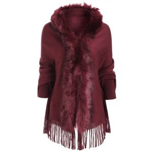 

Contrast Faux Fur Fringe Hem Cardigan, Red wine