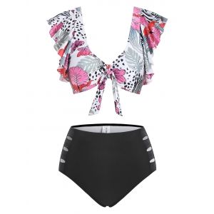 

Ruffle Butterfly Floral Leopard Knot Cutout Tankini Swimwear, Black