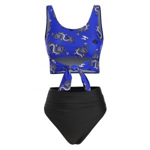 

Chinese Dragon Print Knot Cutout Ruched Tankini Swimwear, Deep blue