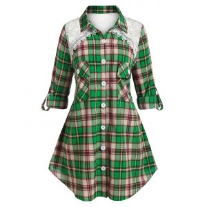 

Plus Size Plaid Lace Yoke Dual Pocket Roll Tab Sleeve Shirt, Light green
