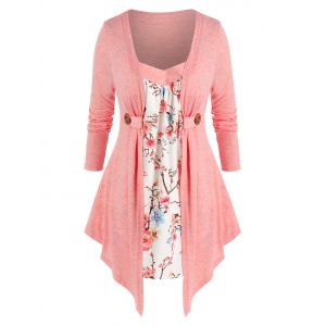 

Plus Size Draped Flower 2 In 1 Long Sleeve Tunic Tee, Pink