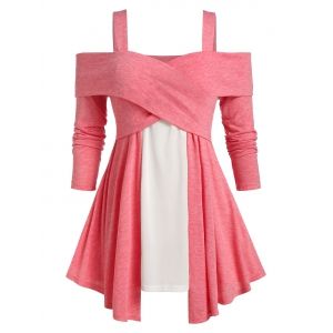

Plus Size Crossover Cold Shoulder Tee, Flamingo pink
