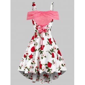 

Cold Shoulder Lace Up Floral Print Dress, Pink rose