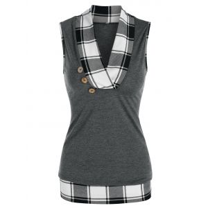 

Shawl Collar Plaid Tank Top, Gray