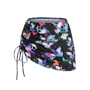 

Skull Butterfly Flower Print Cinched Padded Three Piece Tankini Swimsuit, Deep red