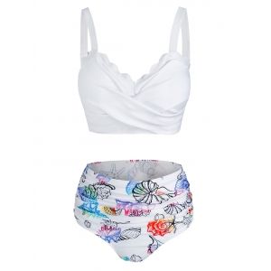 

Seashell Print Ruched Padded Bikini Set, White