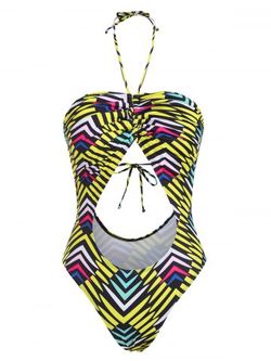 Halter Striped Cinched Cutout One-piece Swimsuit - YELLOW - M