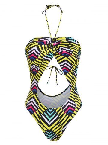 Halter Striped Cinched Cutout One-piece Swimsuit - YELLOW - L