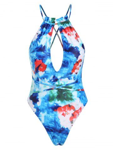 Tie Dye Floral Cutout Wrap-tie High Cut One-piece Swimsuit - BLUE - M