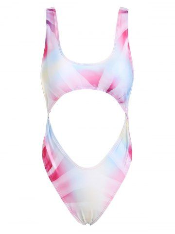 Tie Dye Ring Cutout High Cut One-piece Swimsuit - LIGHT PURPLE - L